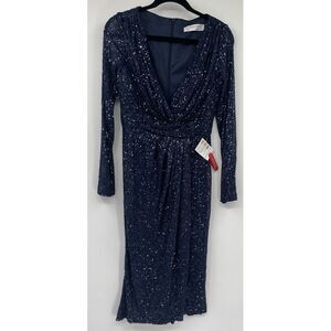 MAC DUGGAL 26555 SEQUINED LONG SLEEVE MIDNIGHT MIDI DRESS SZ‎ 6